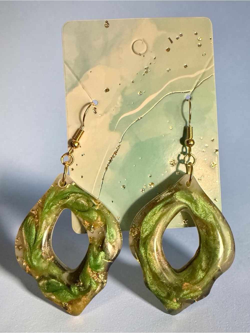 Golden Green Swirl Teardrop Resin Earrings - Women Jewelry
